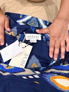 Velvet by Graham & Spencer Navy Ikat Button-Up with Blue & Orange Accents